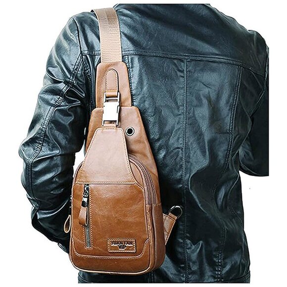 Leather Sling Bag Crossbody Backpack for Men Women-05brown